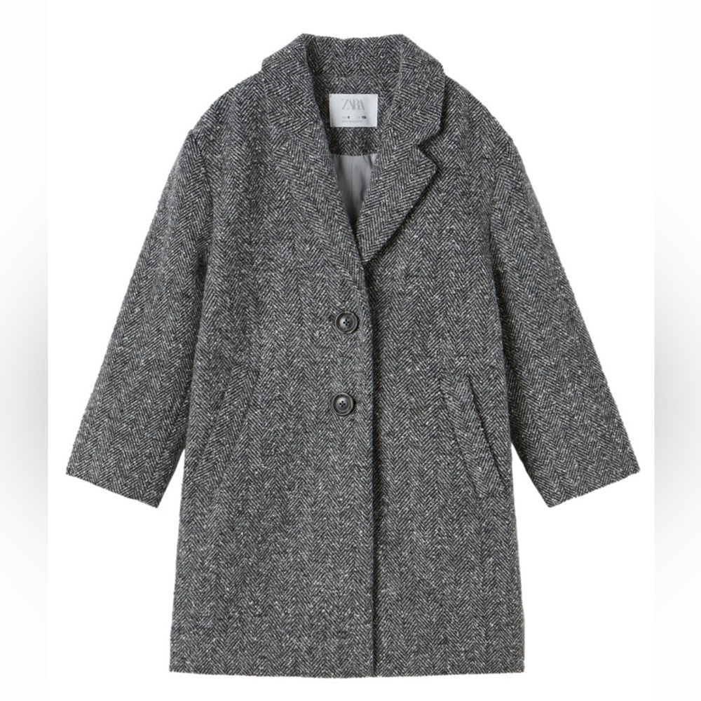 Zara Gray Herringbone Wool Blend Girls Long Coat with pockets size 13-14 164cm